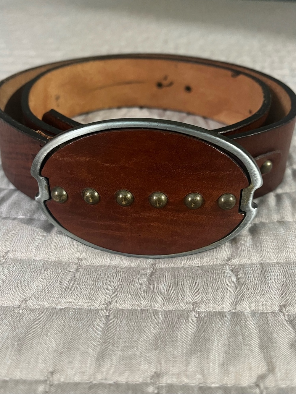 GAP Brown Leather Belt with Oval Brass-Stud Buckle